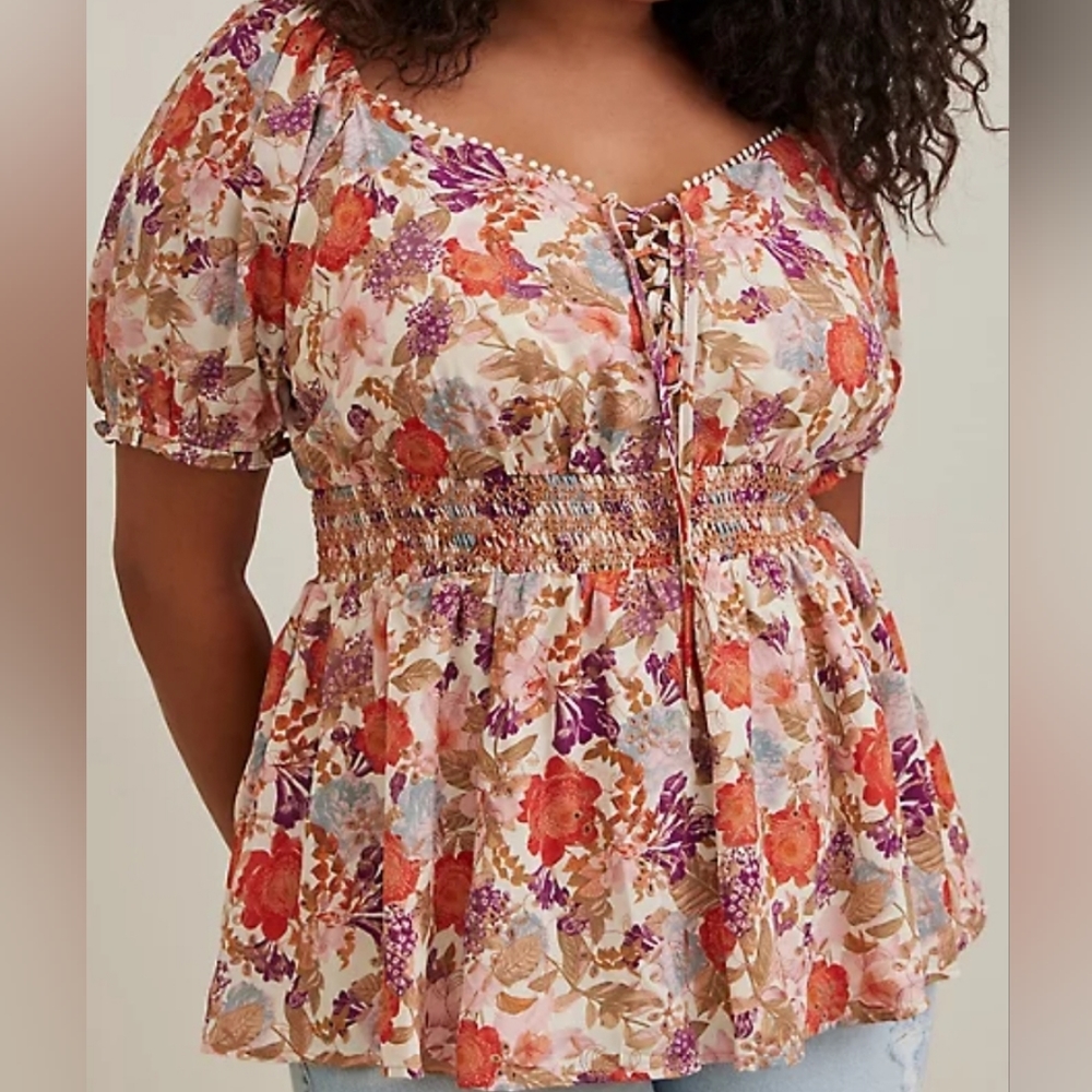 Torrid Georgette Eyelet Smocked Waist Puff Sleeve Top - Picture 4 of 9